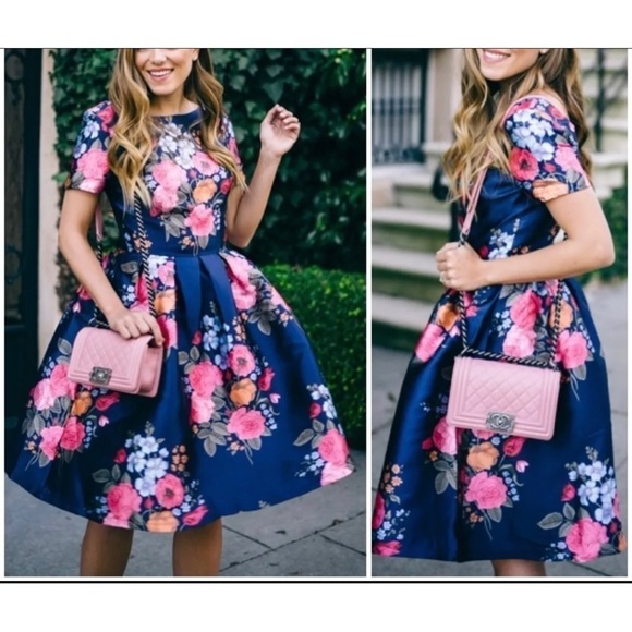 Chi Chi London Sz 2 Navy Blue Floral Print Pleated Full Skirt Formal Dress Back - Picture 5 of 13